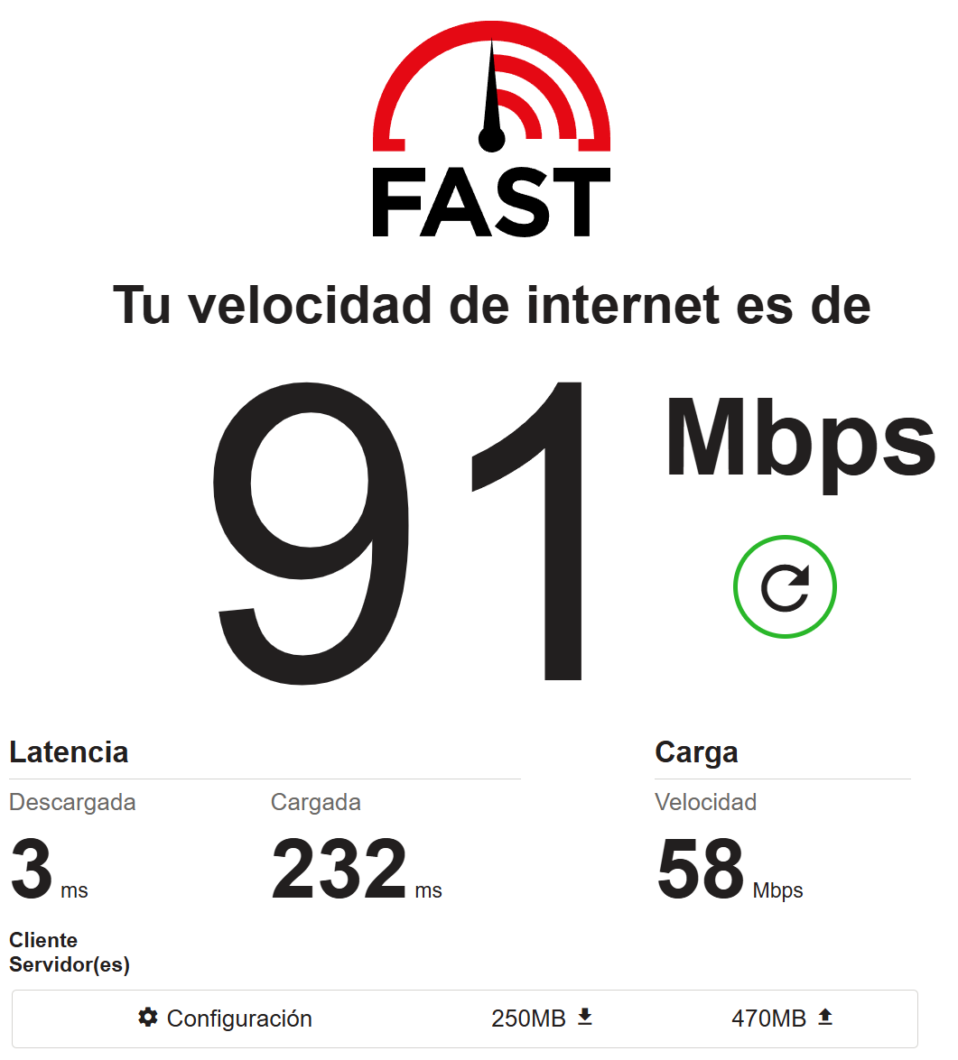 Prueba de velocidad de conexión en Fast.com