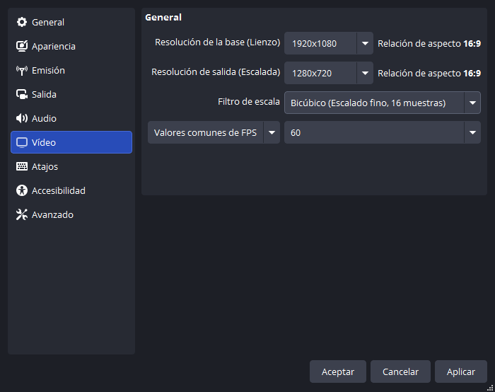 Configuración de resoluciones y filtro de escalado en OBS