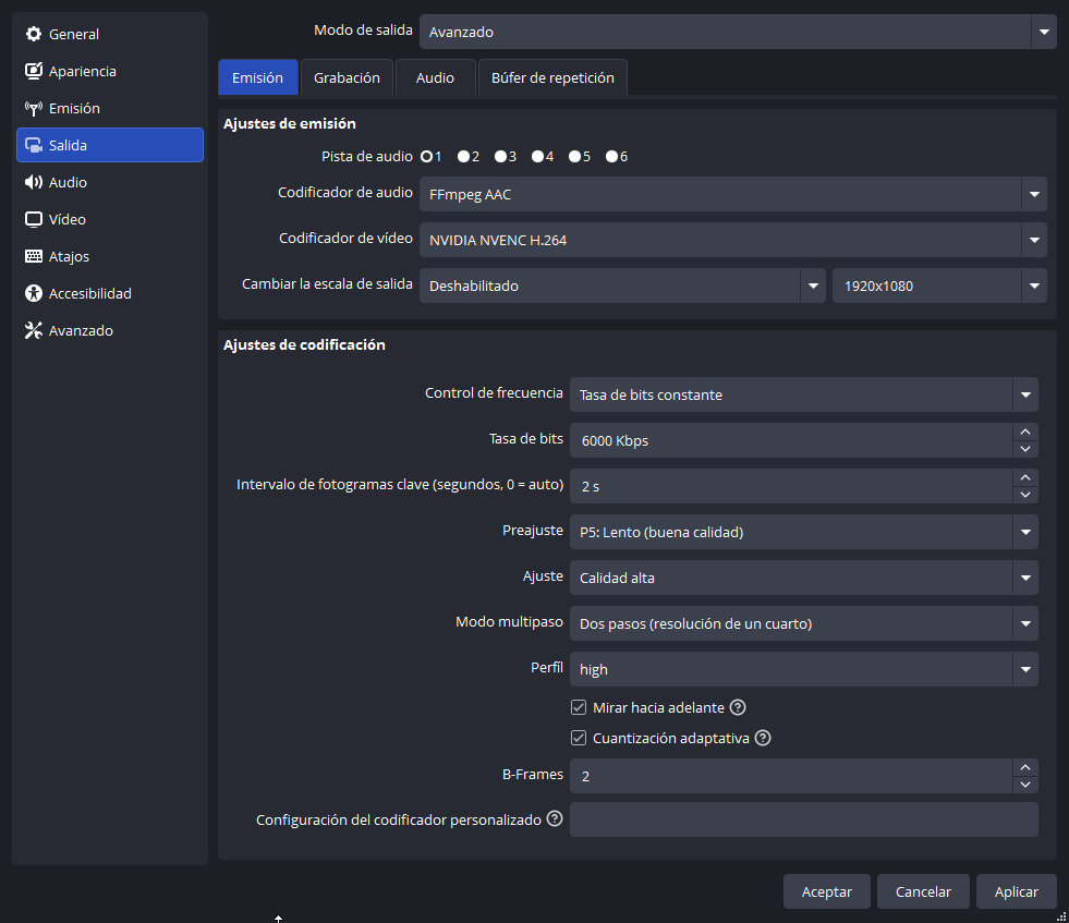 Configuración de emisión en calidad alta (1080p)