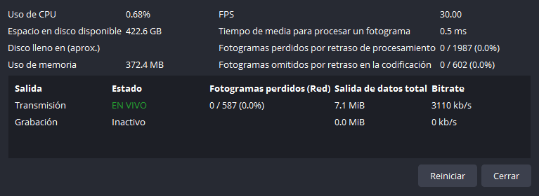 Panel de estadísticas de transmisión en OBS